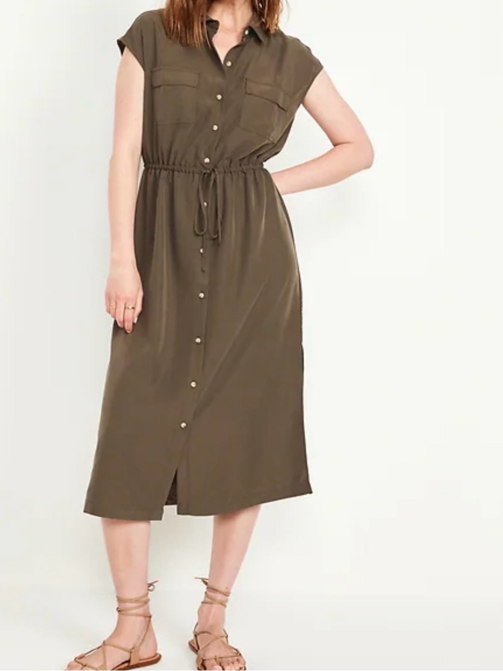 Olive Waist-Defined Utility Midi Shirt Dress XL Old Navy